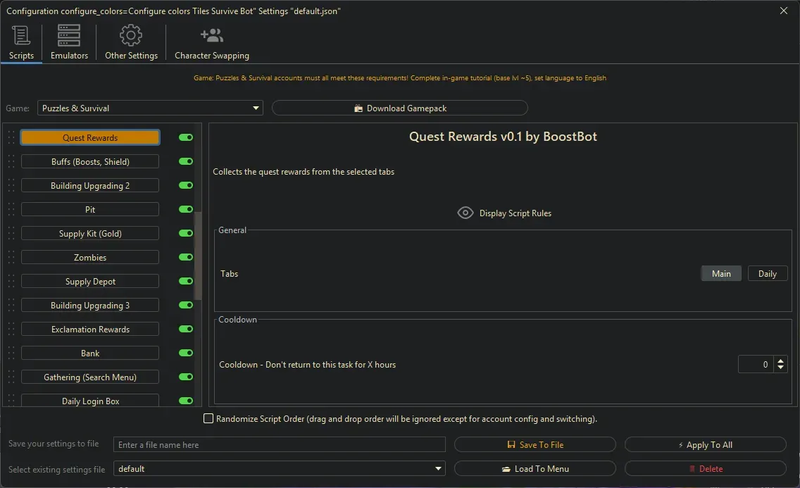 Puzzles and Survival Bot - Quest Rewards