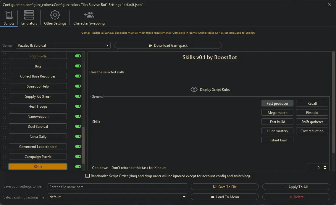 Puzzles and Survival Bot - Skills