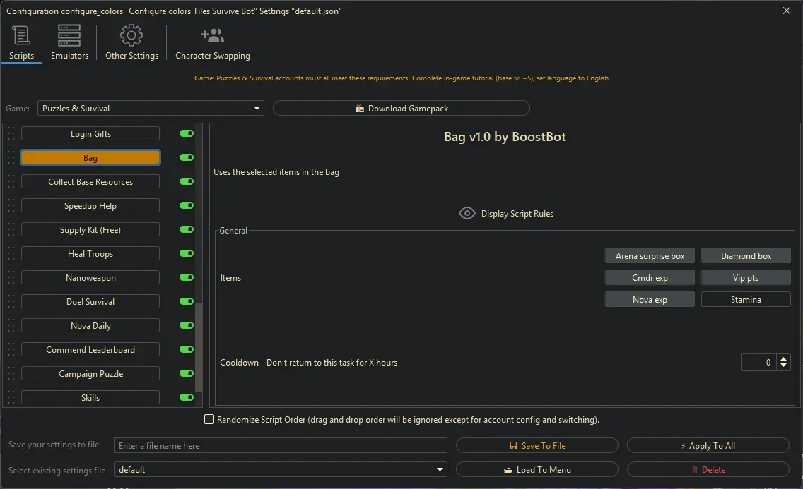 Puzzles and Survival Bot - Bag