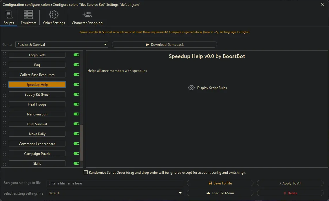 Puzzles and Survival Bot - Speedup Help