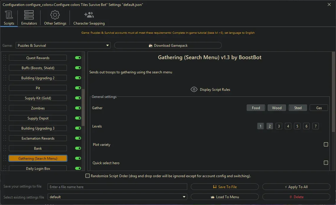 Puzzles and Survival Bot - Gathering (Search Menu)