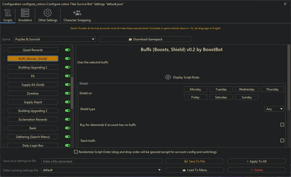 Puzzles and Survival Bot - Buffs (Boosts, Shield)