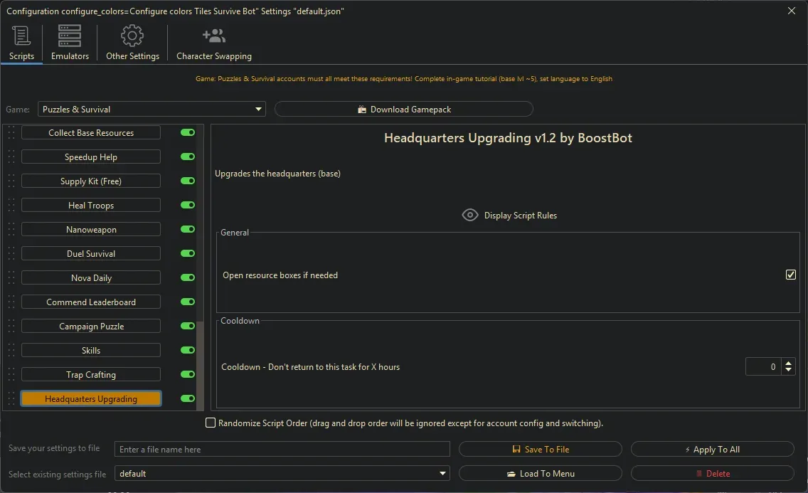 Puzzles and Survival Bot - Headquarters Upgrading