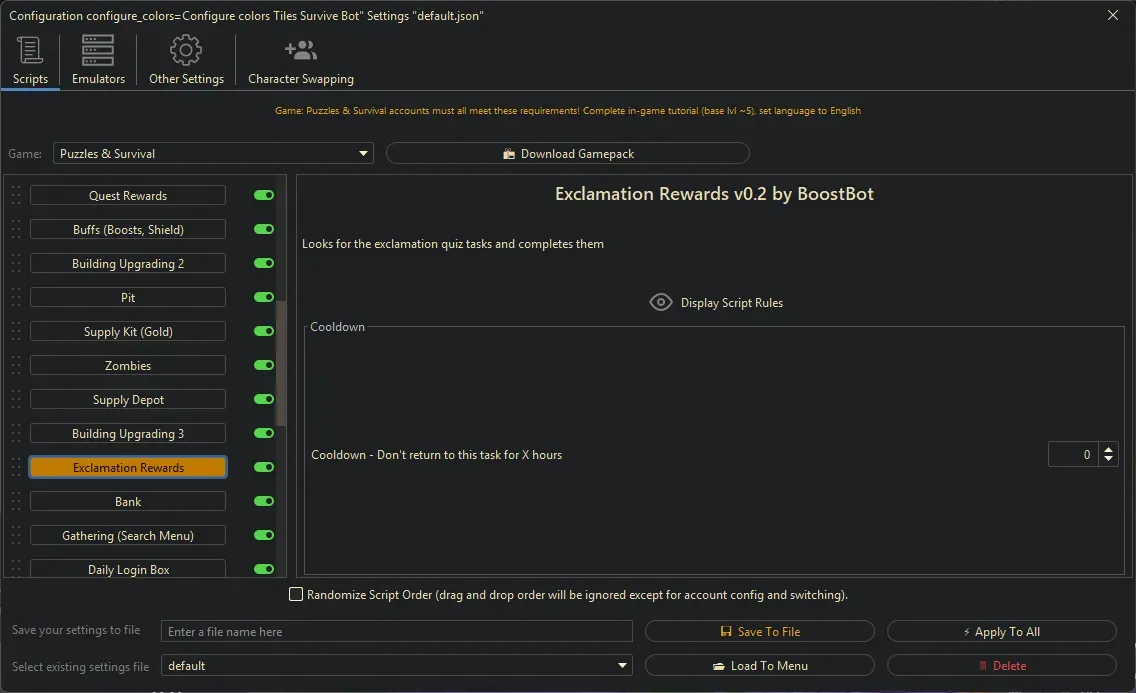 Puzzles and Survival Bot - Exclamation Rewards