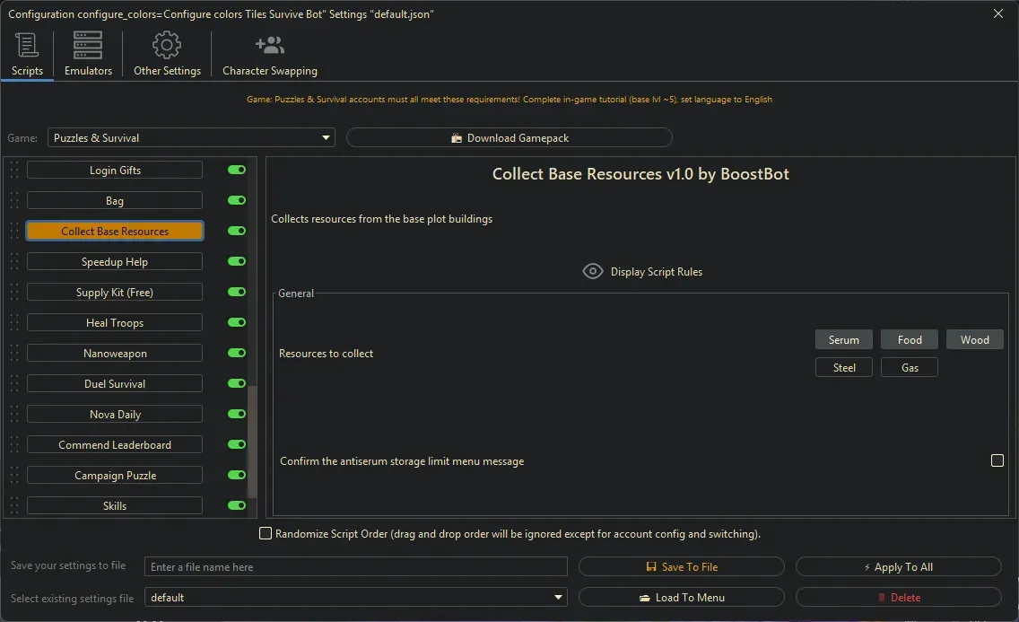 Puzzles and Survival Bot - Collect Base Resources